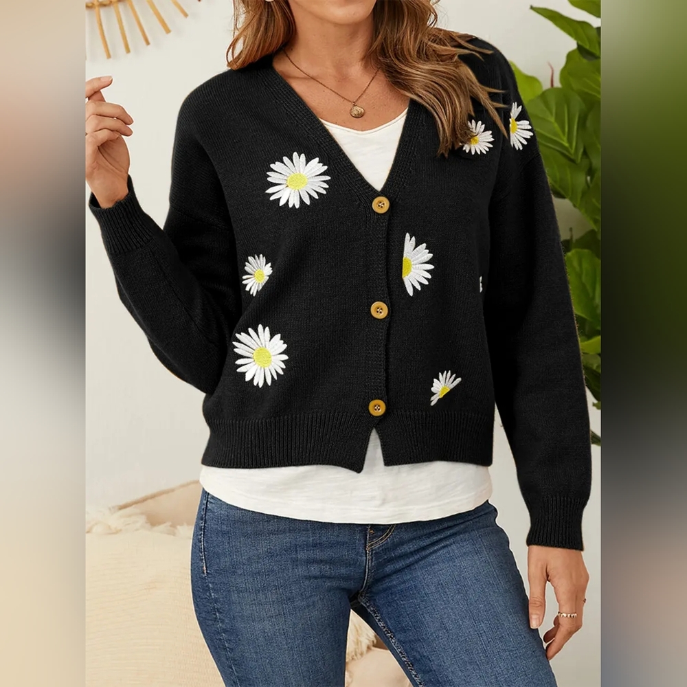 Embroidered Cropped Classic Knit Button Front Retro Long Sleeve Soft Cardigan
